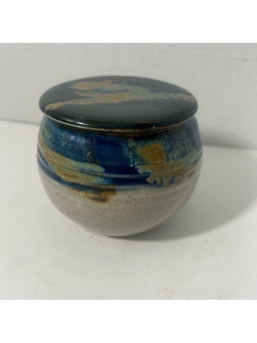 VTG Art Pottery Ceramic Butter Bell Abstract Blue and Tan Signed by Artist